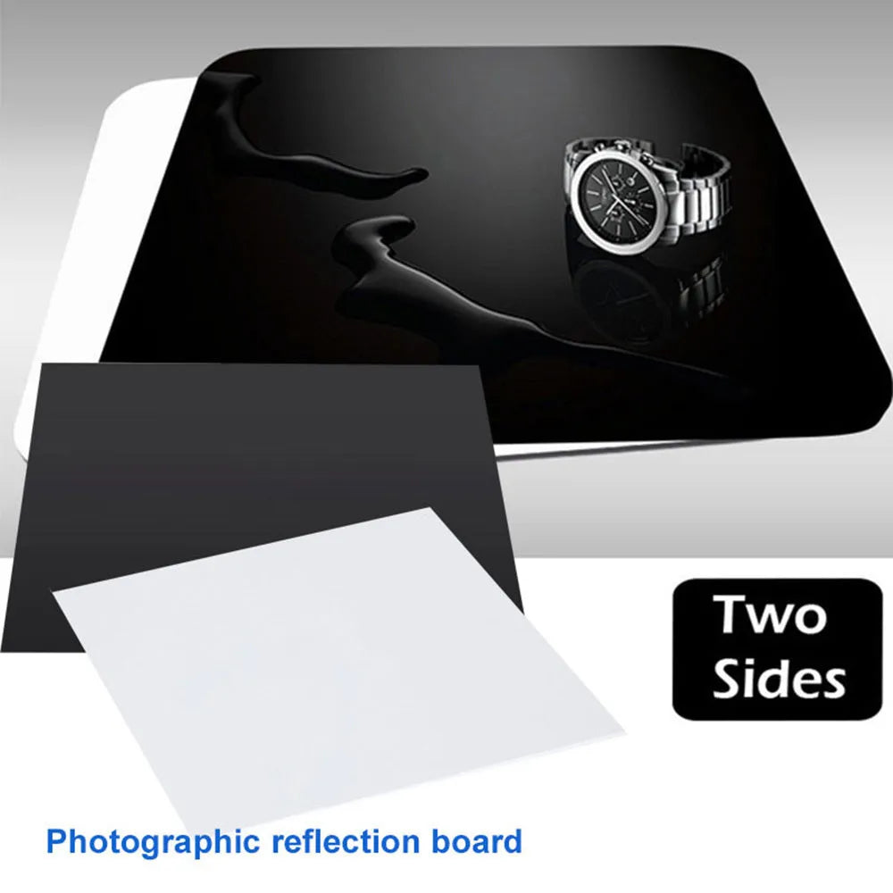 Black and white acrylic shooting reflection boards in three square sizes for jewellery photography
