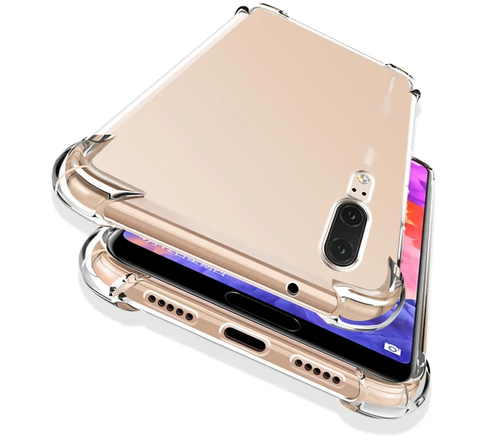 Transparent TPU phone case showing Huawei smartphone compatibility with airbag drop-resistant technology