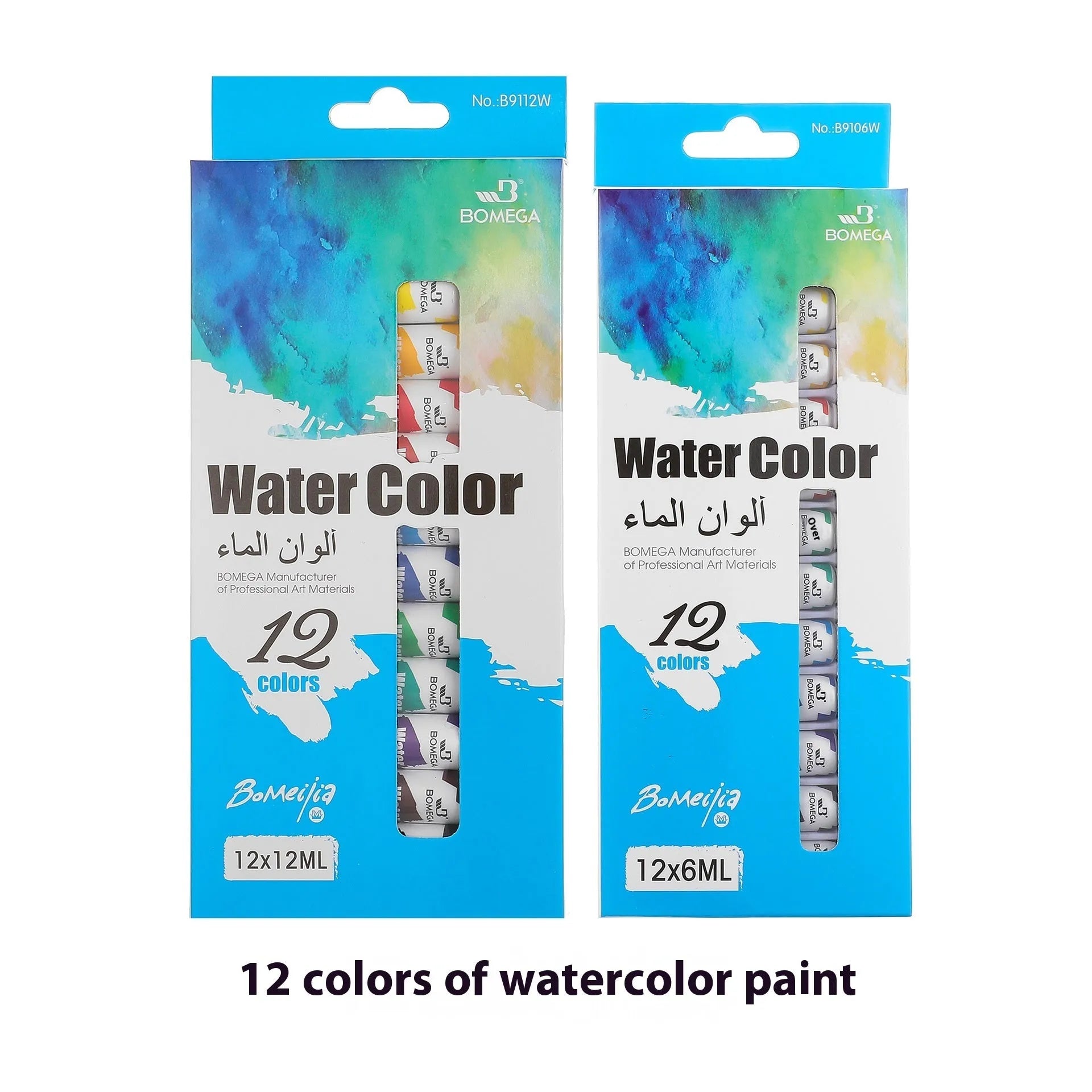 12-colour artist pigment set with tubes for acrylic, gouache, watercolour, oil painting, glass, and textile applications showing 6ml and 12ml size options