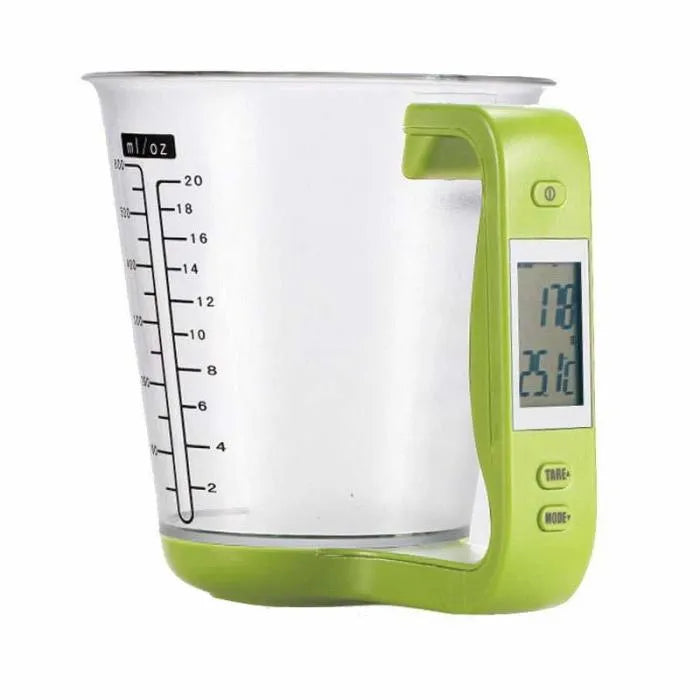 Green electronic scale measuring cup with integrated LCD display showing weight and temperature readings