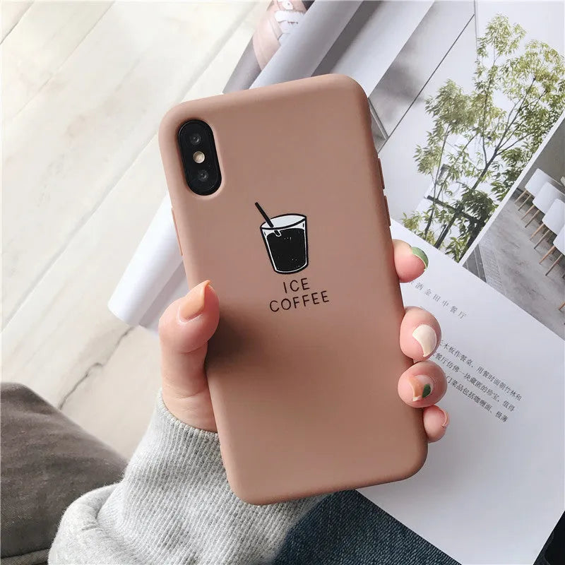 Soft matte silicone iPhone case with cute coffee or fries design pattern