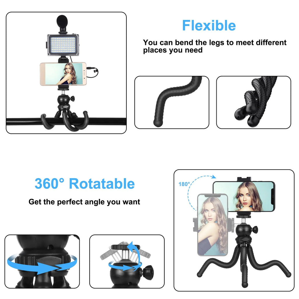 Black octopus tripod with flexible legs wrapped around a lamppost, showing 360-degree ballhead and fill light microphone attached to an iPhone.