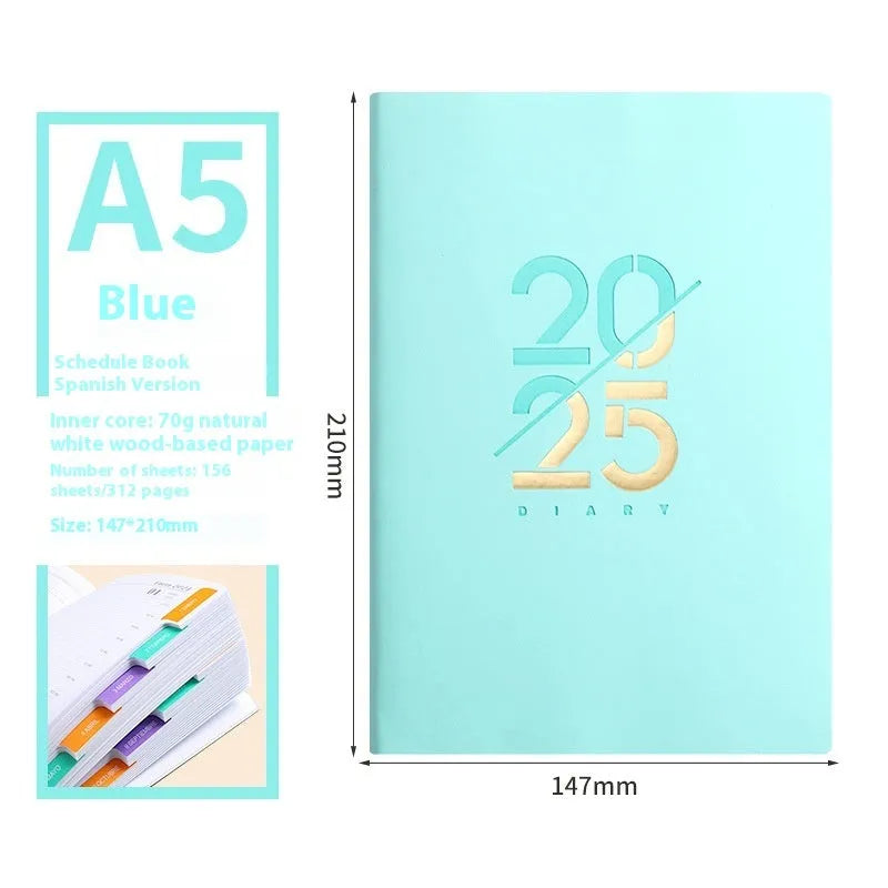 A5 daily planner with faux leather cover open to show 150 sheets of Dorian paper and lying-flat thread binding