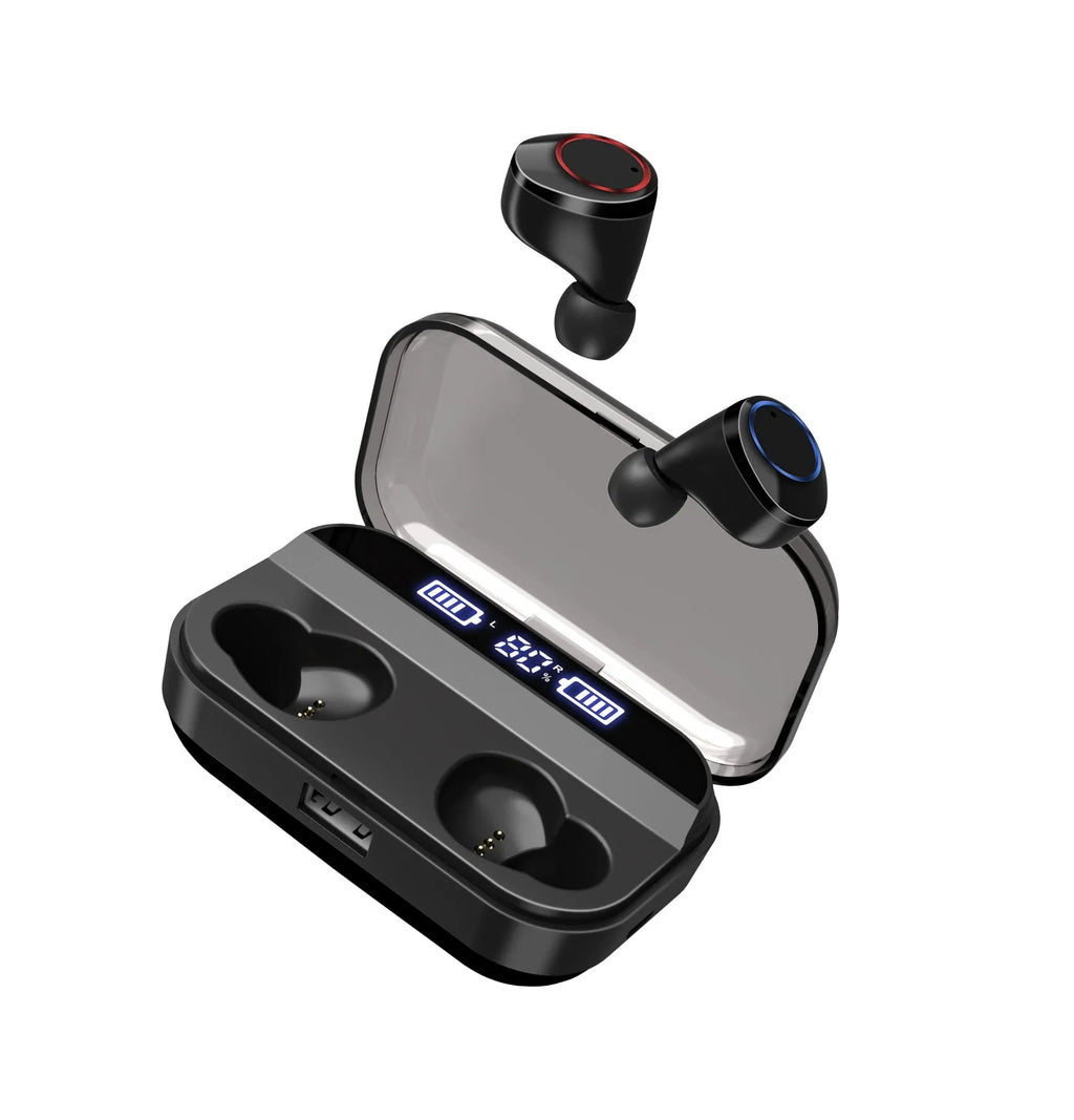 Black X11 Bluetooth wireless earbuds with charging case showing touch controls and included ear sleeves