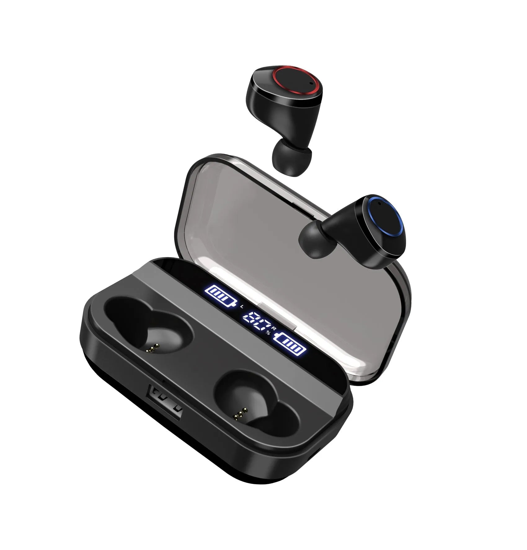 Black X11 Bluetooth wireless earbuds with charging case showing touch controls and included ear sleeves