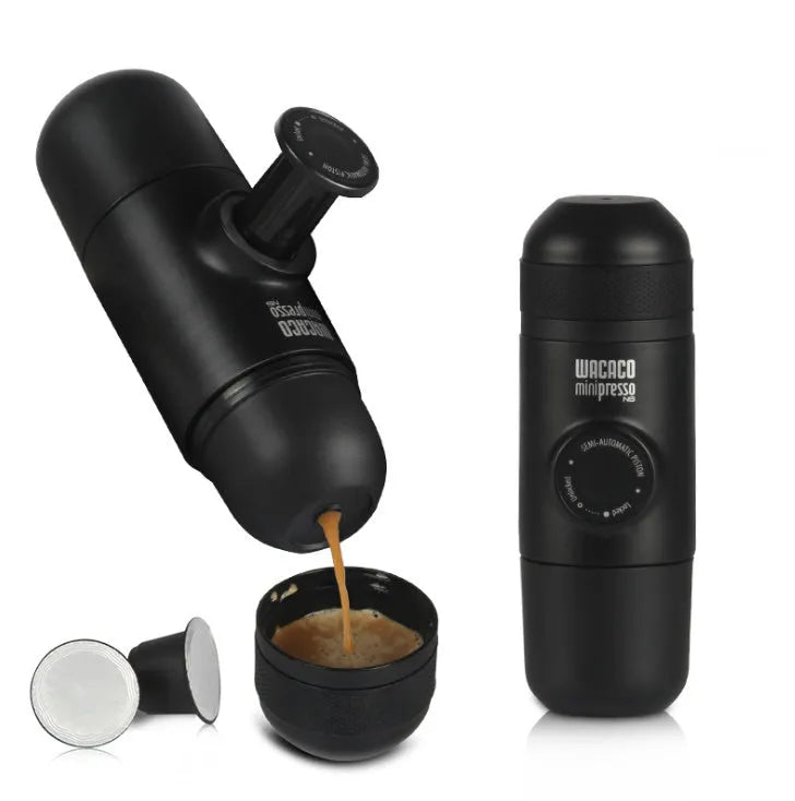 Black portable manual coffee machine showing compact size for travel