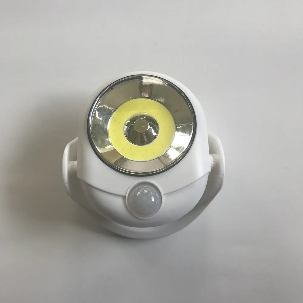 White Atomic Angel induction light with ABS plastic housing, showing dimensions.