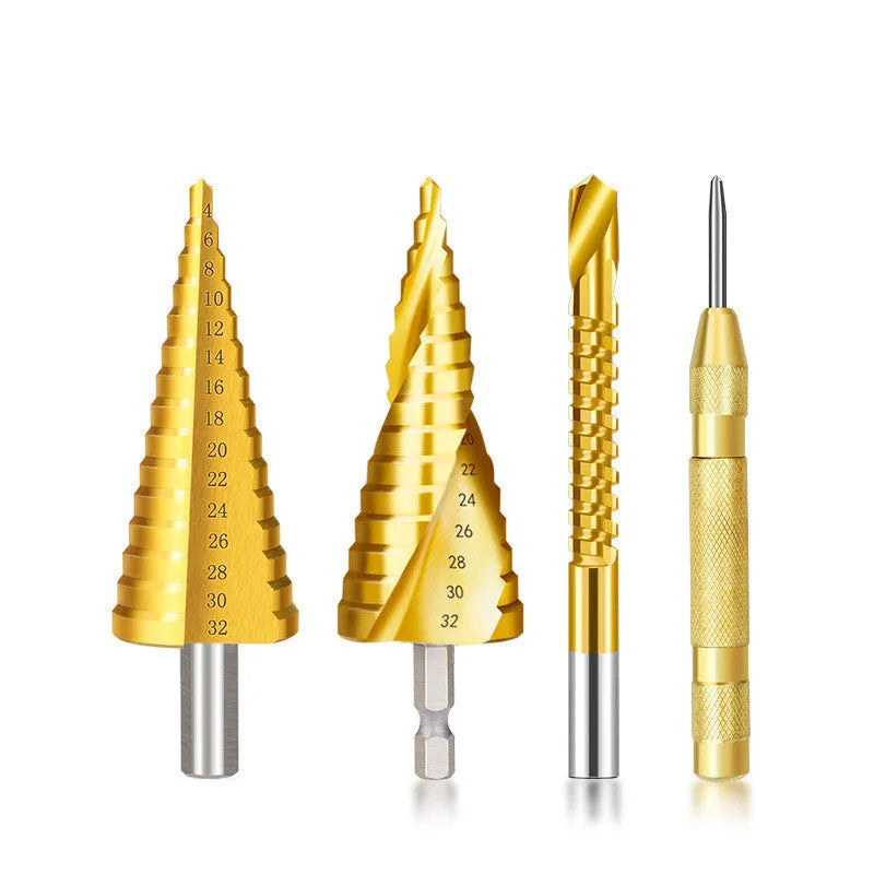 High-speed steel cone drill bit punch set showing step drills and centre punch for metal and wood drilling