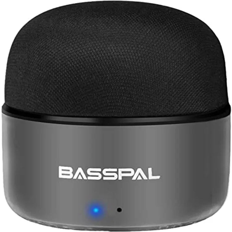 Black waterproof portable Bluetooth speaker showing dimensions and button controls