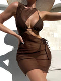 Women's three-piece brown swimsuit set with bra, shorts, and blouse, nylon lining, sizes S M L.