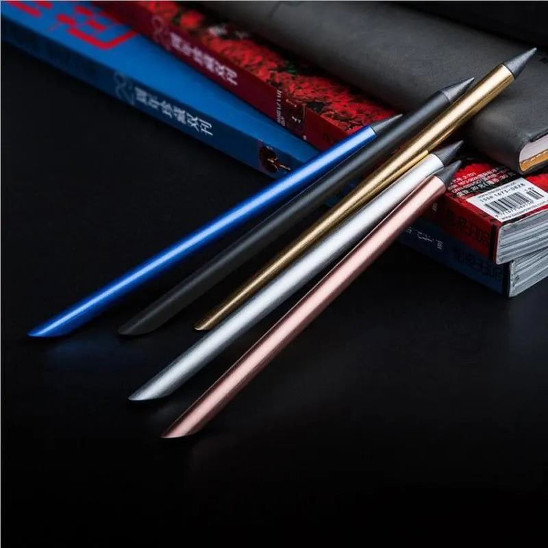 Inkless metal pen with 0.5mm alloy nib in silver, gold, rose gold, black, or blue finish, showing 16cm length and included spare nib