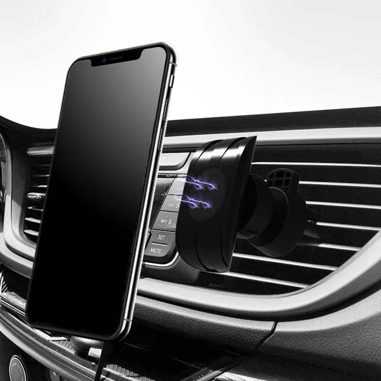 Black car phone holder attached to vehicle air vent with smartphone securely mounted