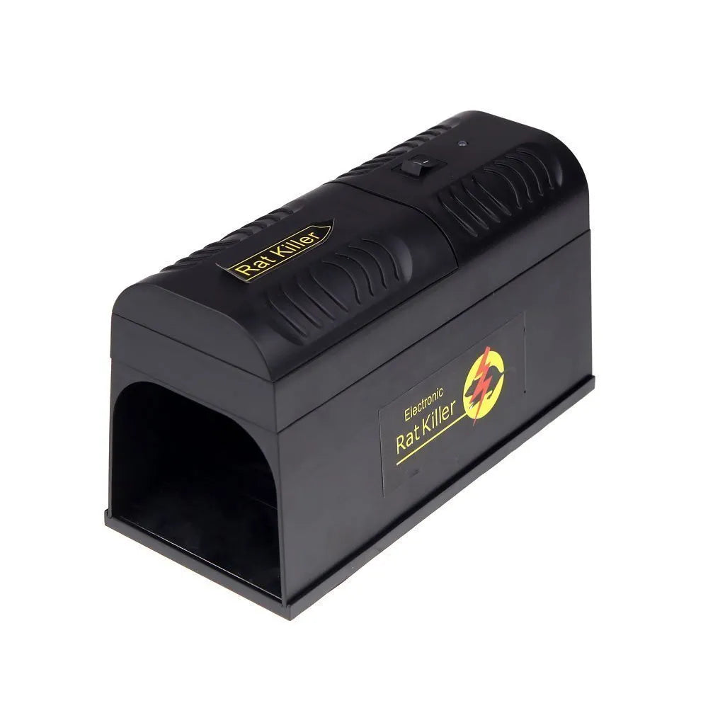 Black high voltage electronic rodent killer device with choice of UK, EU, or US plug.