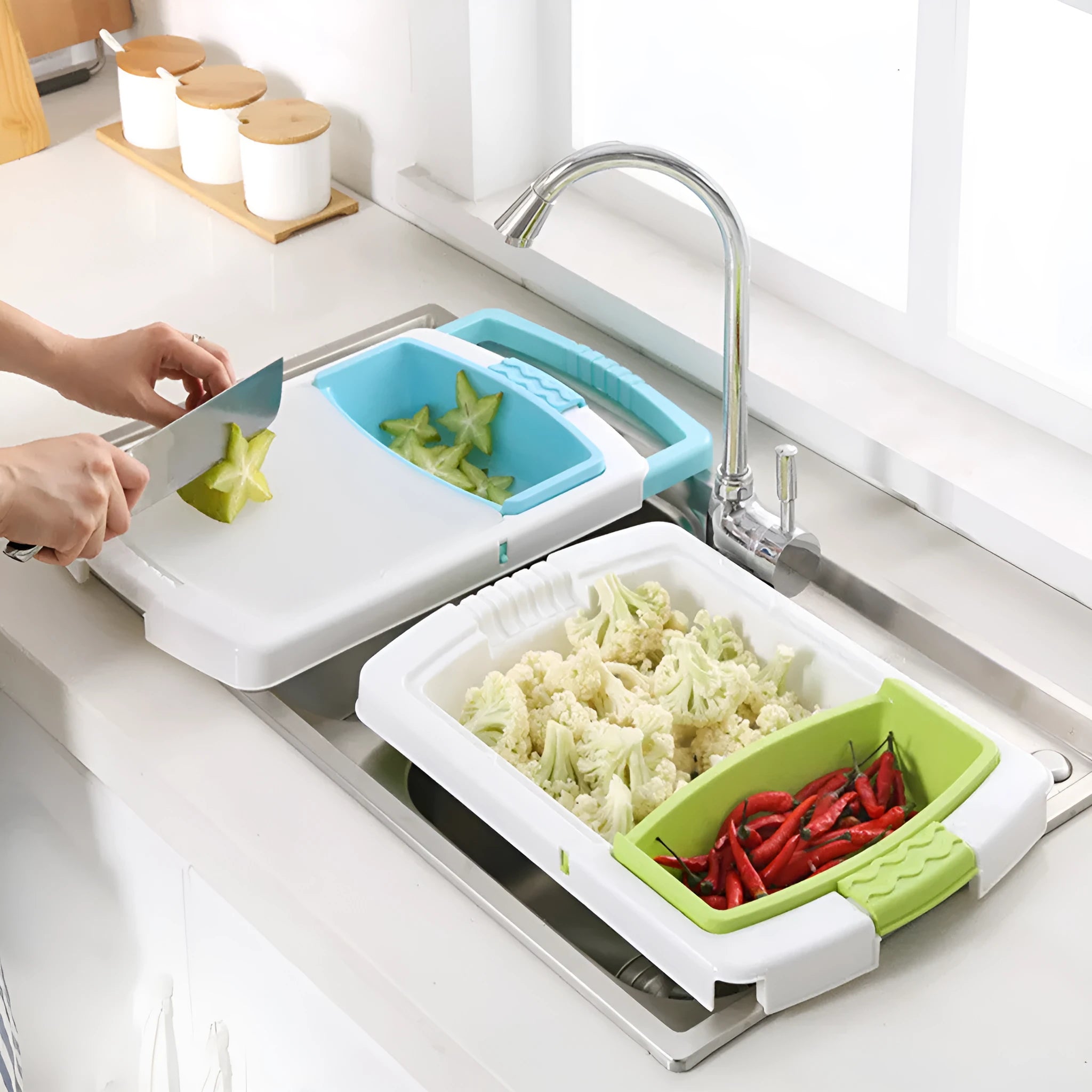 Green multi-function kitchen cutting board with integrated sink basket and drainage holes