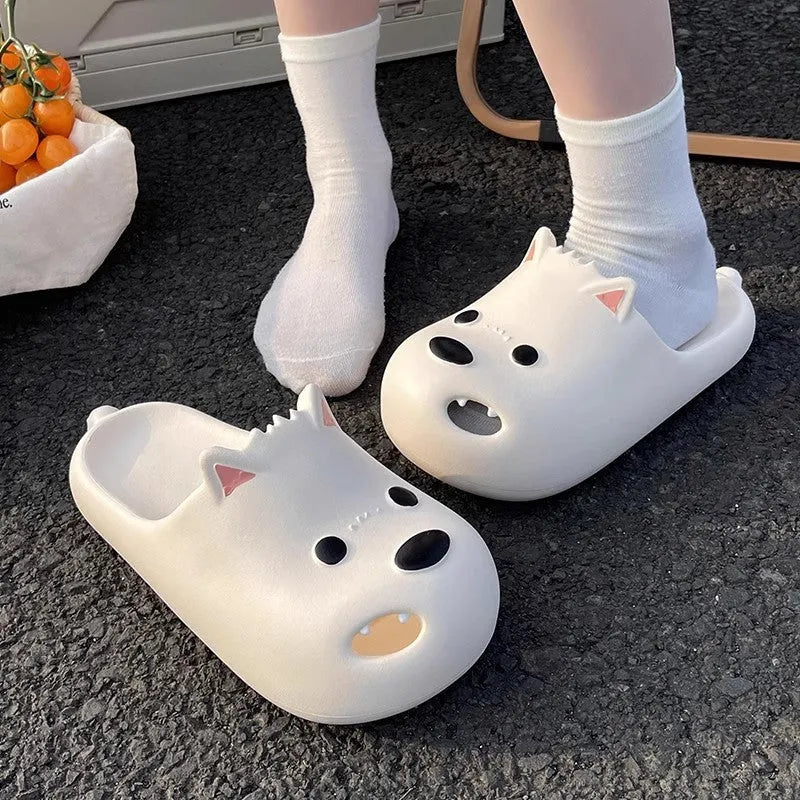 White women's EVA sandal slippers with a black puppy motif on the closed toe cap.