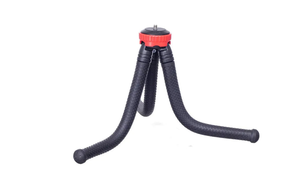 Black octopus flexible tripod stand with spherical gimbal head for mounting phones and cameras.