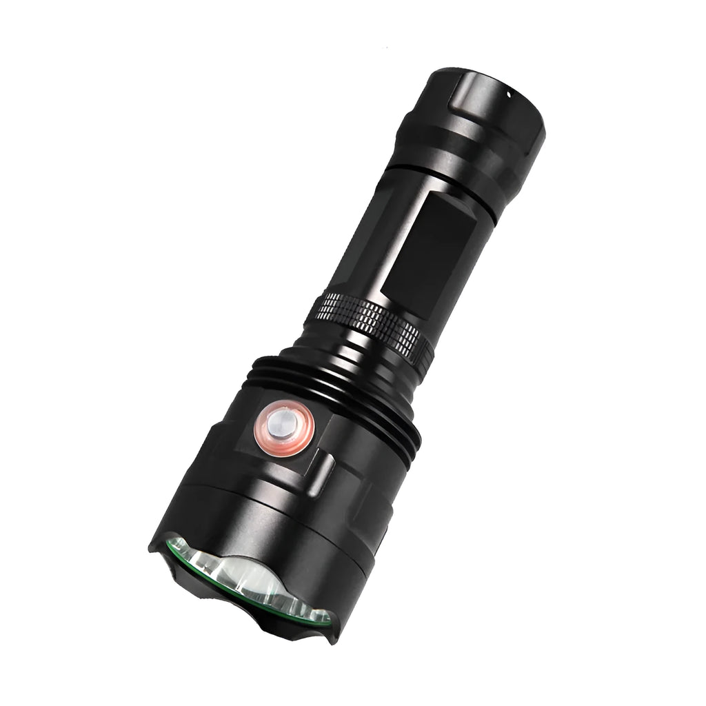 Black aluminium XHP90 LED tactical flashlight showing its size next to a USB charging cable.