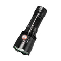 Black aluminium XHP90 LED tactical flashlight showing its size next to a USB charging cable.