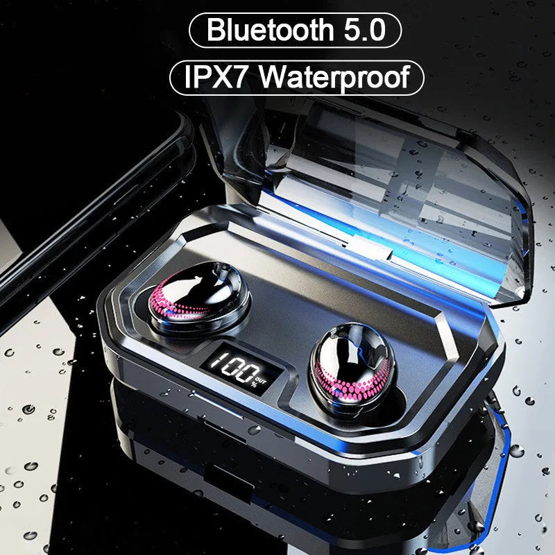 Black X10 Bluetooth Headset with charging case showing 150x100x40mm dimensions and earpieces