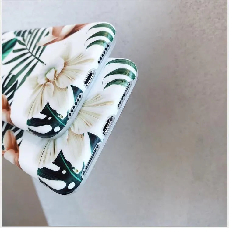 Floral banana leaf artwork phone case for iPhone models with flower leaves colour