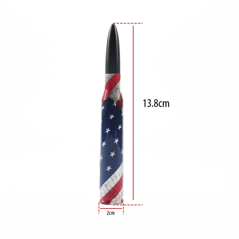 Universal 14cm car bullet antenna shown in black, camouflage green, and American flag designs.