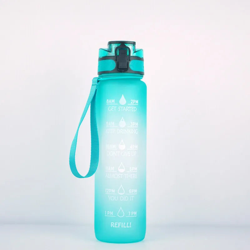 Clear 1000ml Tritan sports water bottle with blue lid and infuser inside, showing measurements.