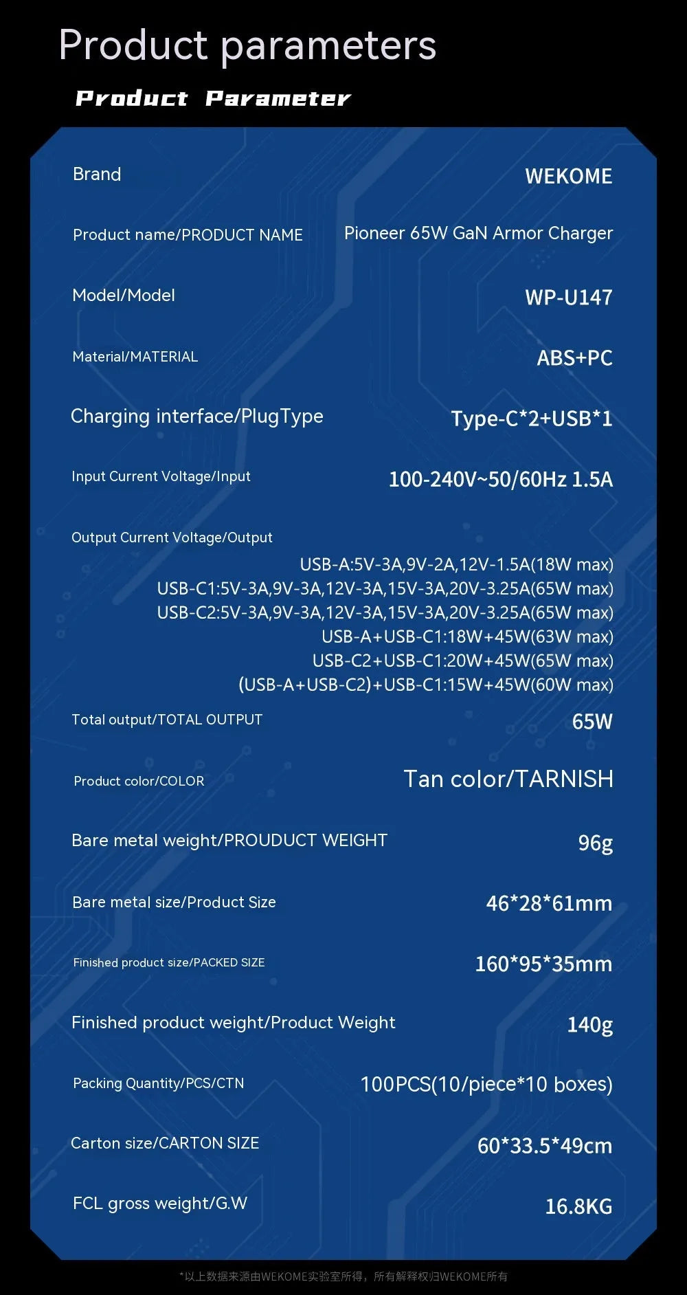 Foldable 65W gallium nitride charger with Type-C port, ABS PC body, Tarnish colour