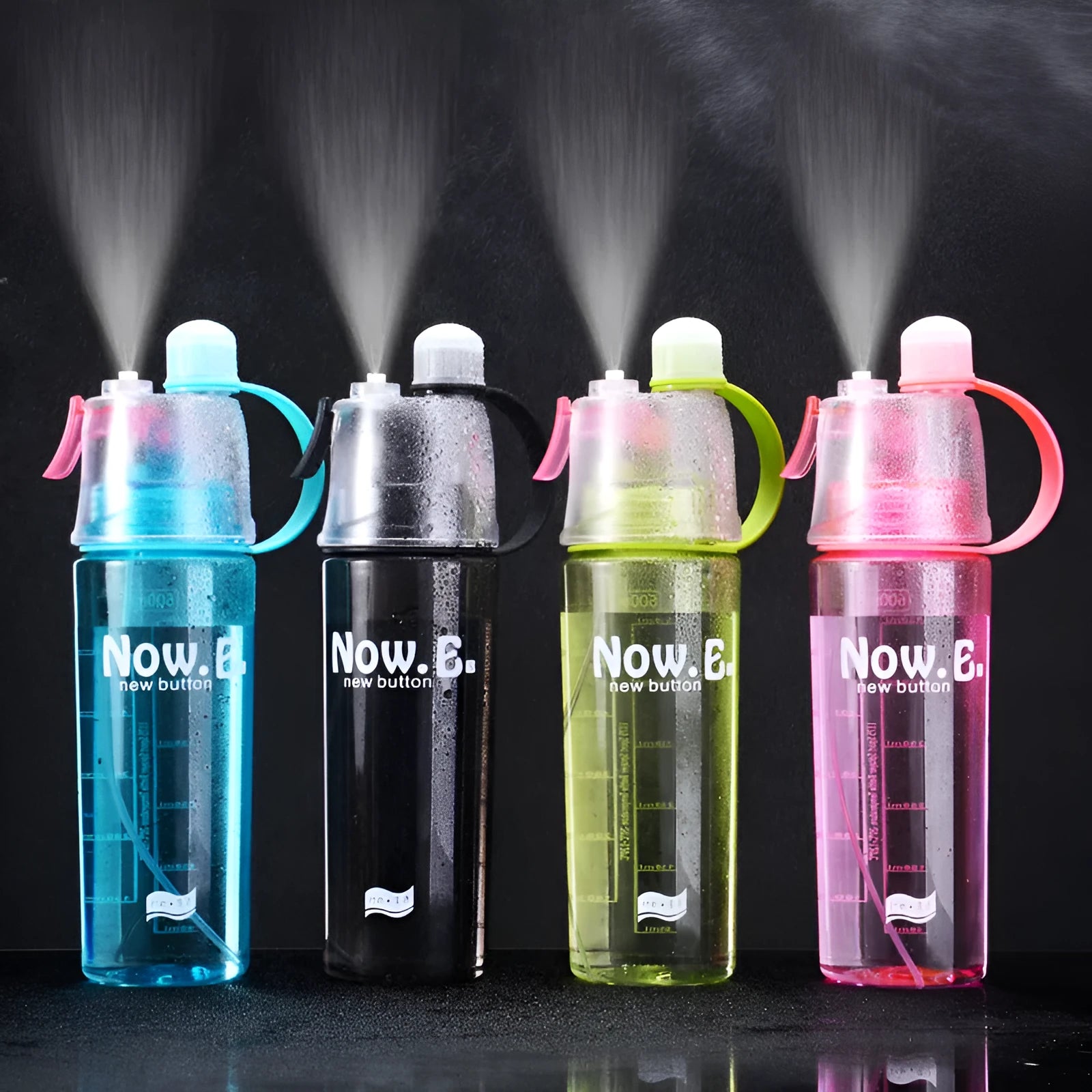 Portable outdoor mist spray water cup with transparent body, handle, and spray nozzle in green colour