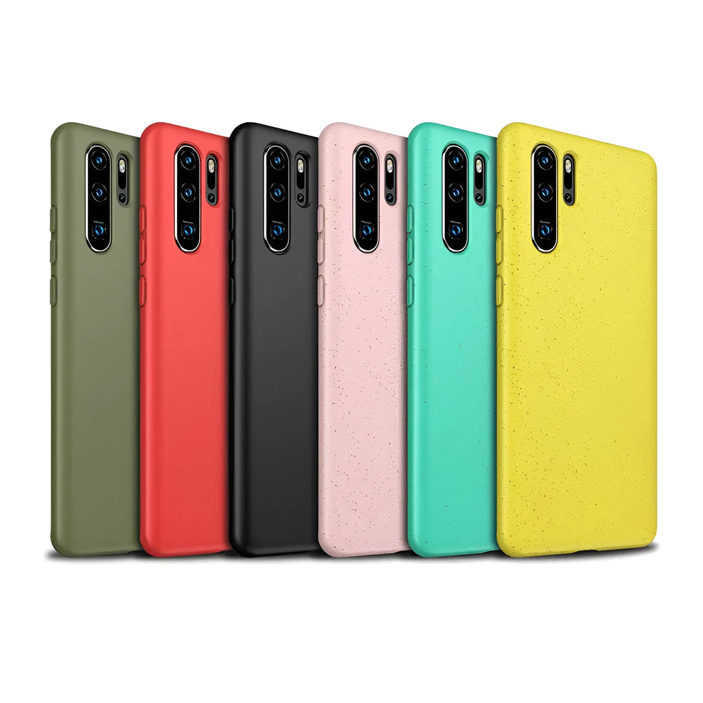 Huawei P30 mobile phone case in TPU material showing colour options: army green, black, blue, pink, red, yellow.