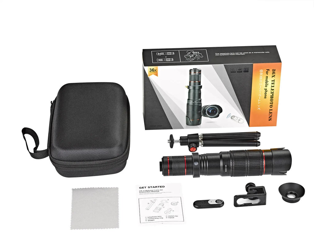 Black 36x telephoto lens attachment for smartphone photography with universal mounting system