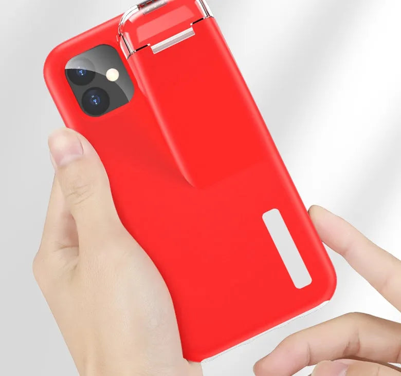 Black phone case with a slot on the back holding a white AirPods charging case