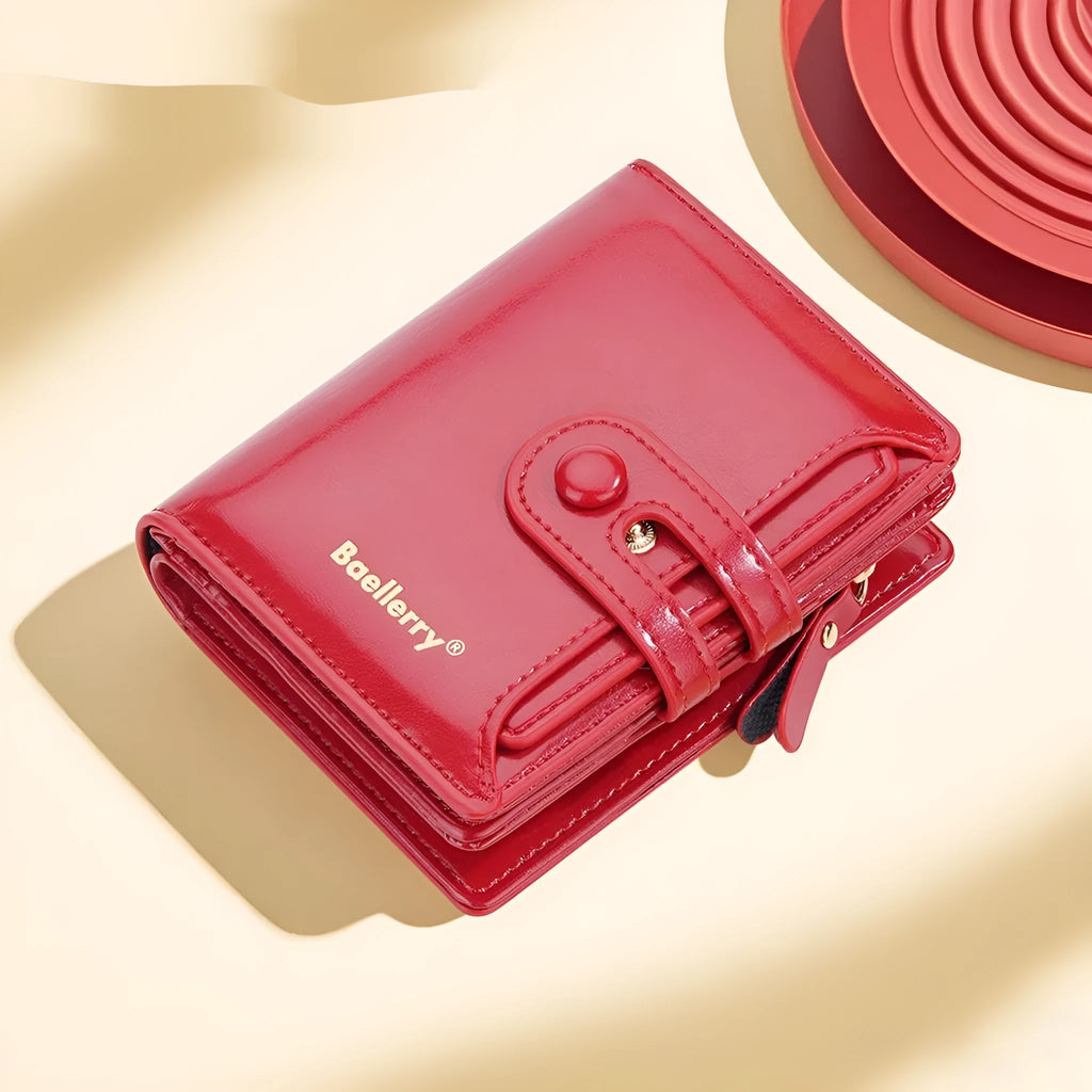 Women's slim PU leather wallet in lake water green, open to show multiple card slots and a full-length zipped coin pocket.