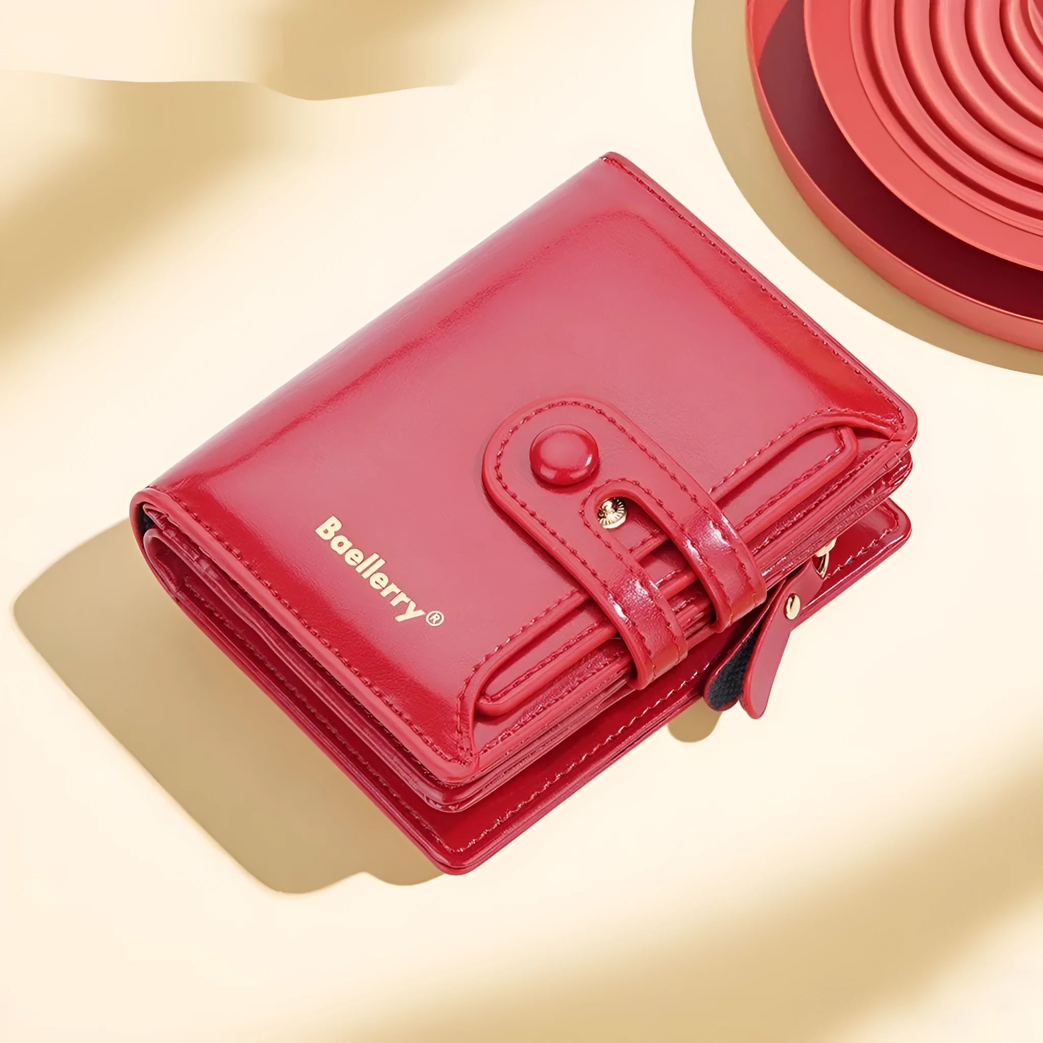 Women's slim PU leather wallet in lake water green, open to show multiple card slots and a full-length zipped coin pocket.