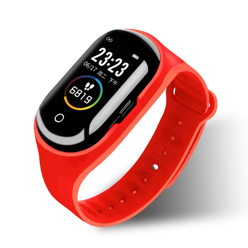 Smart bracelet earphone combo with 1-inch screen and silicone wristband in blue, black, or red colours