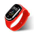 Smart bracelet earphone combo with 1-inch screen and silicone wristband in blue, black, or red colours