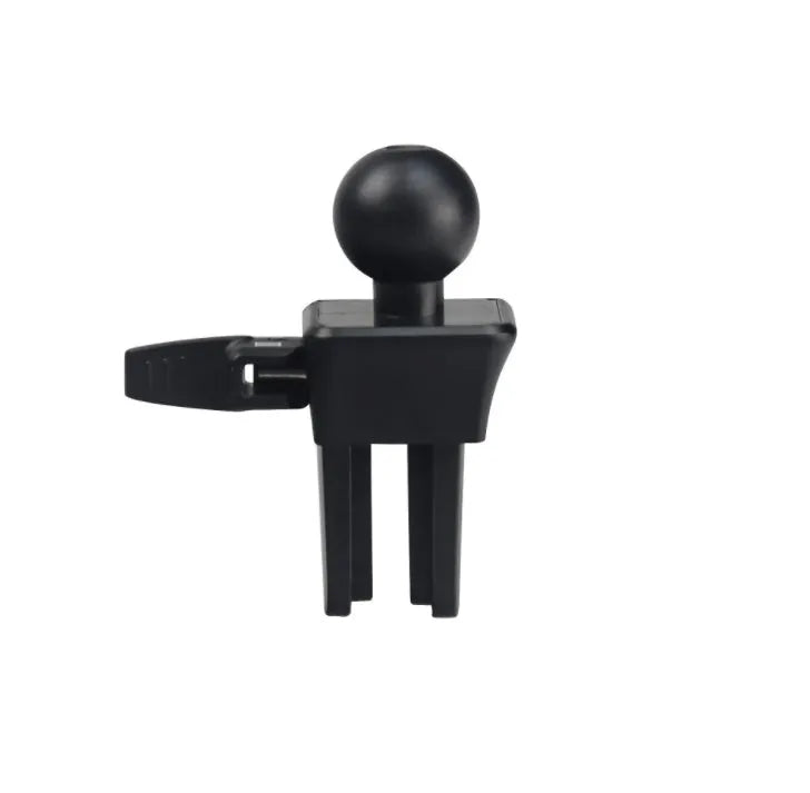 Black plastic mobile phone holder attached to car air conditioning vent with phone secured