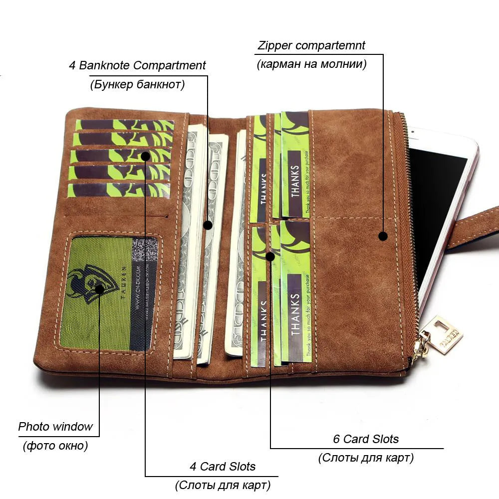 Korean-inspired retro matte leather long wallet with zip closure and RFID protection, showing inner card slots and note compartment