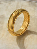 Women's elastic titanium steel bracelet with vertical stripe and ring design in gold or silver, showing adjustable width options.