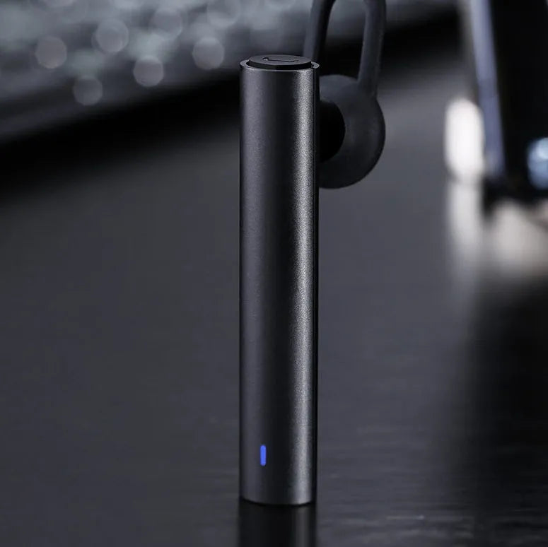 Compact black wireless Bluetooth headset showing 5.6cm length
