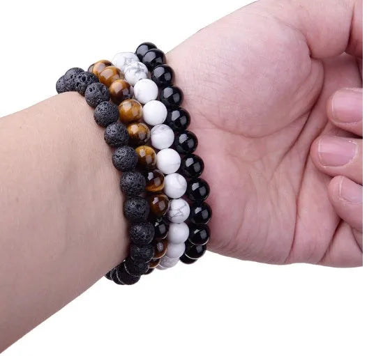 Black geometric agate bead bracelet with elastic cord, 8mm bead size