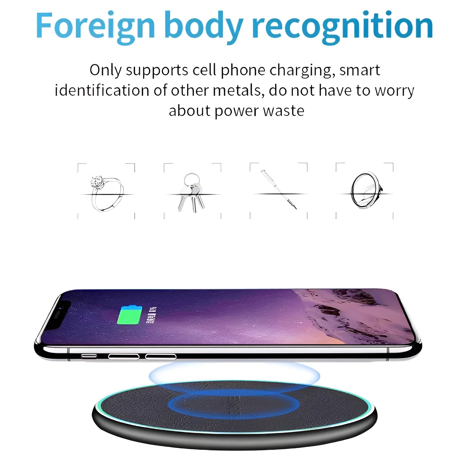Black Quick Qi wireless charging pad for iPhone 11 on a wooden desk.