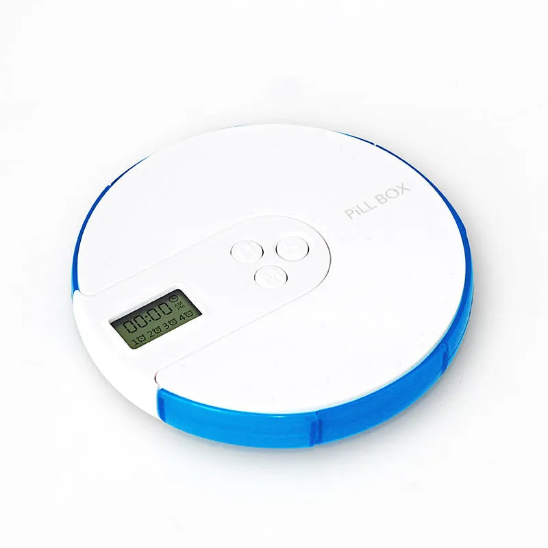 7-compartment alarm clock pill dispenser with programmable reminders, measuring 11cm by 11cm by 2.0cm