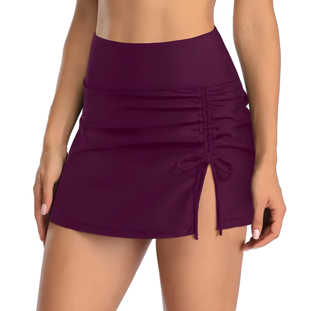 Women's solid colour lace-trim polyester swimming trunks shown in wine red, rose red, grey, black, and navy blue.