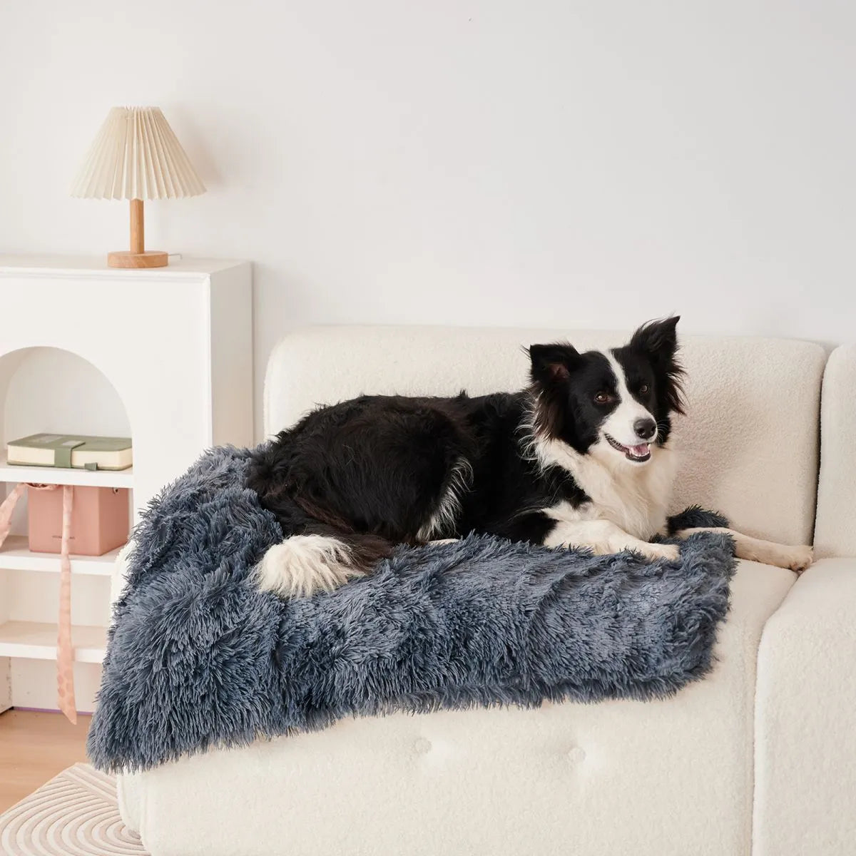 Light grey velvet pet blanket folded on a sofa next to a sleeping dog.