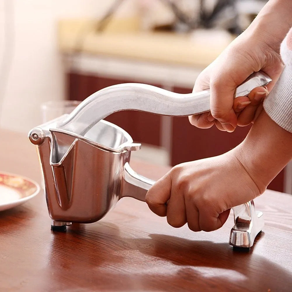Silver heavy-duty aluminium and steel lemon squeezer with large bowl and lever.