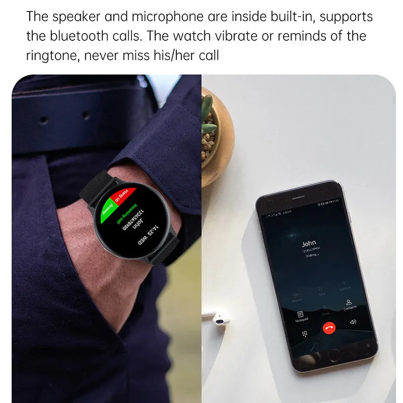 Smart bracelet watch with touch screen displaying heart rate, worn on wrist with black strap.
