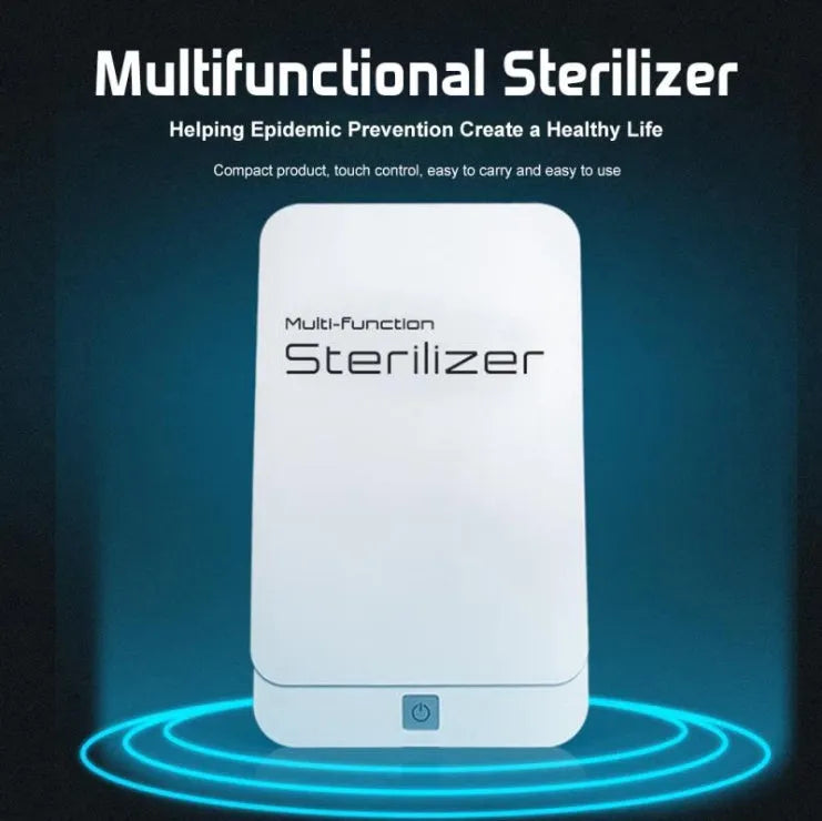 Blue UV phone steriliser box open, showing internal chamber for a mobile phone.