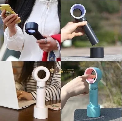 Portable bladeless fan in choice of colours with USB cable and base, showing no visible blades.