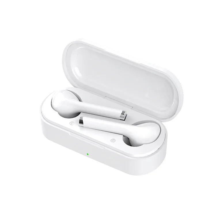 Black and white Bluetooth 5.0 true wireless headphones with charging case