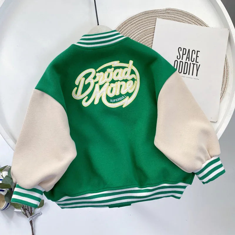 Boys cotton baseball jacket with stand-up collar in blue, black or green, sizes 100cm to 140cm